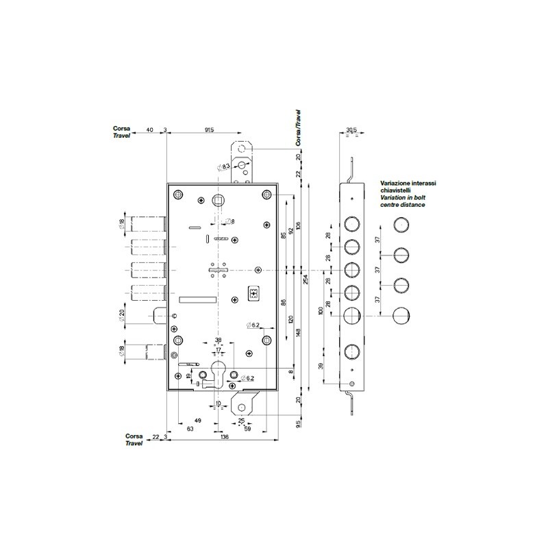 Serratura di sicurezza per porta blindata Mottura 54.597 Triplice con mezzo  giro diam. 20mm chiave doppia mappa con serratura di blocco a cilindro