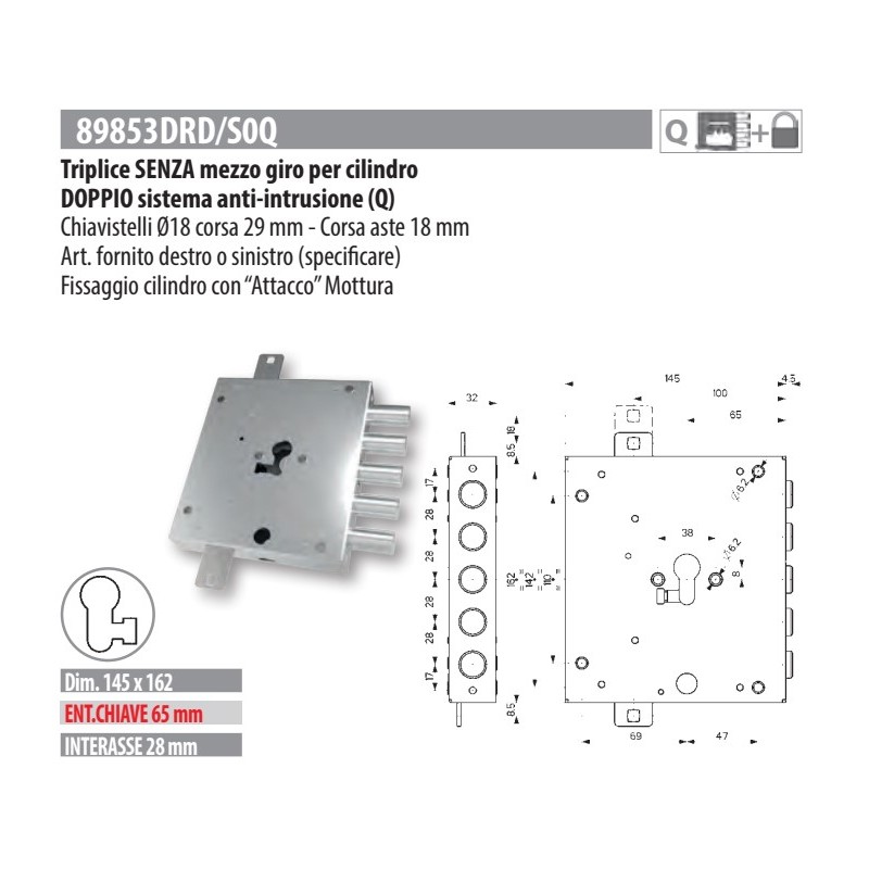 MOTTURA 89853DR/0Q SERRATURA RICAMBIO DIERRE PER CILINDRO EUROPEO